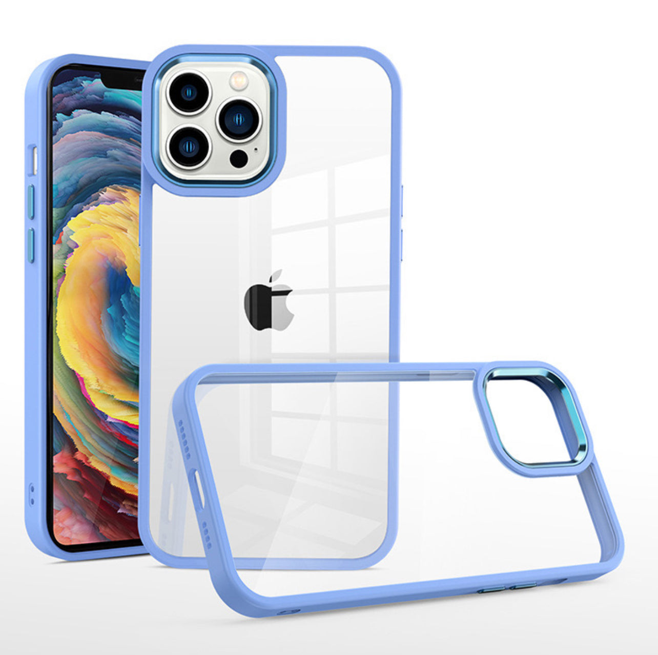 Clear back case for iPhone 15 Pro Max with Light Blue Border.