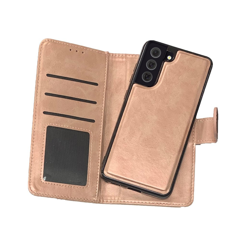Magnetic two in one wallet for Samsung S21 rose gold.