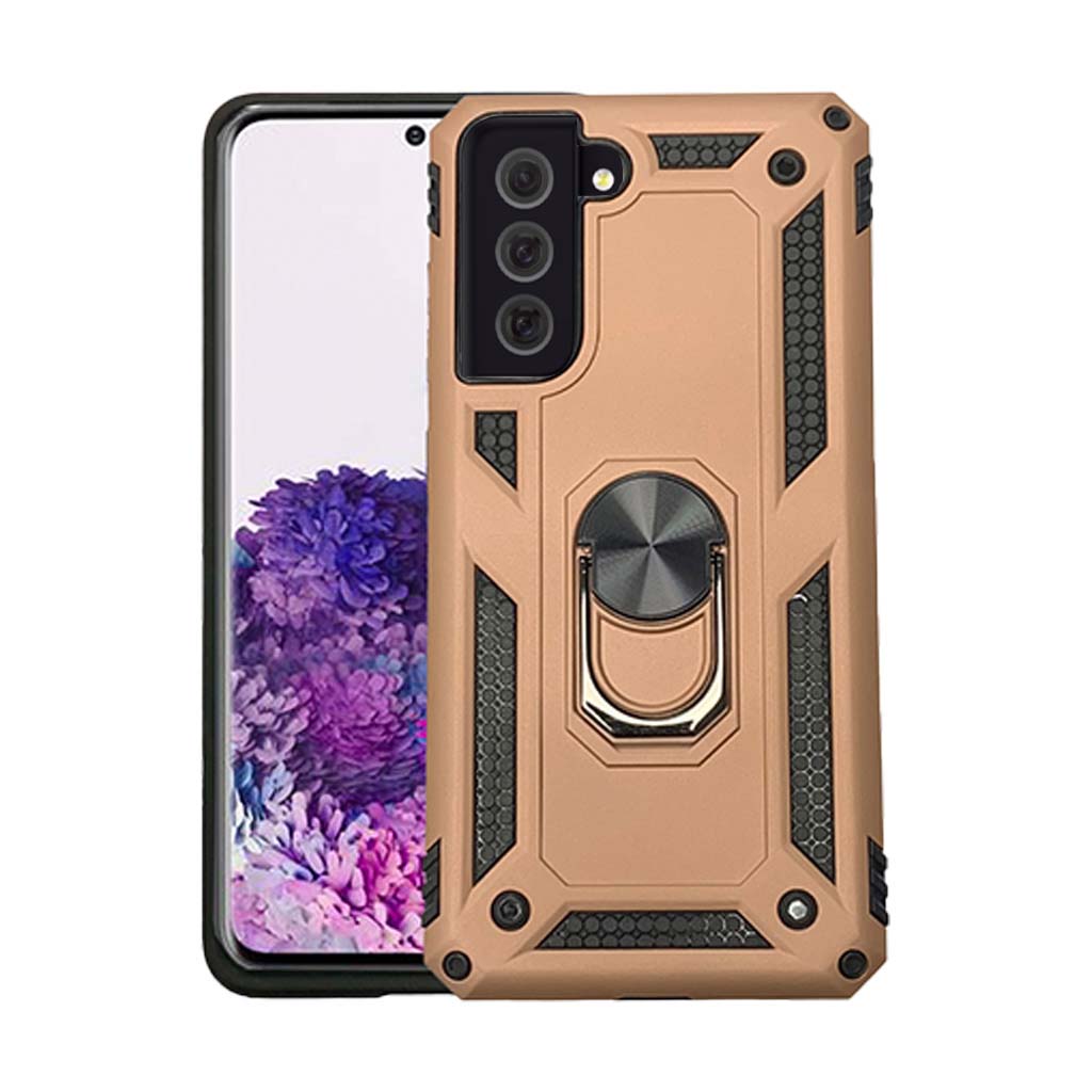 Anti-drop metal ring case for Samsung S22 Rose Gold.
