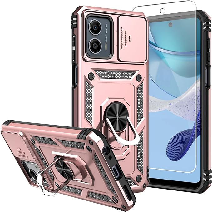 Anti-drop ring case with camera protector for Moto G 5G (2024) Rose Gold.