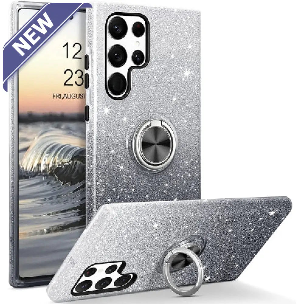 Two Tone 3Pcs Shiny Ring Case For Samsung S24 Ultra Black/Silver. Cases