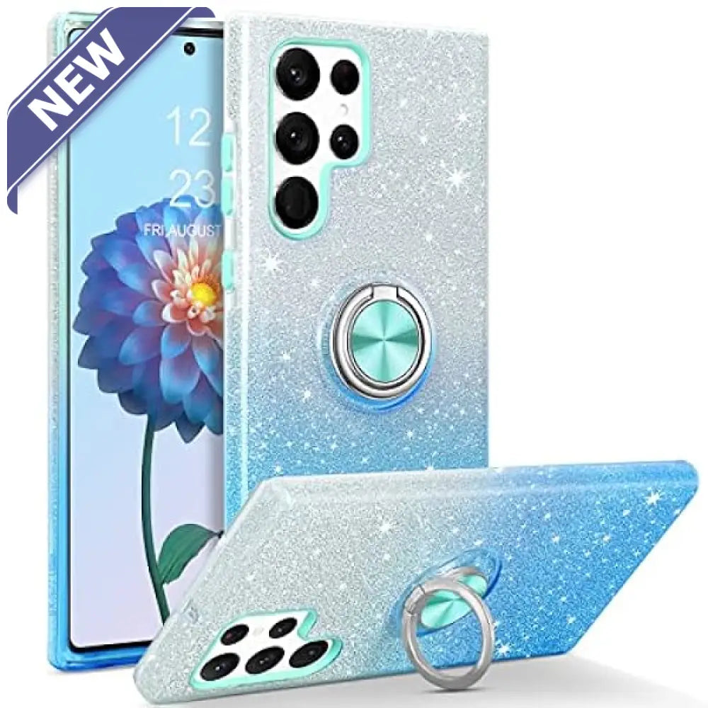 Two Tone 3Pcs Shiny Ring Case For Samsung S24 Ultra Blue/Silver. Cases