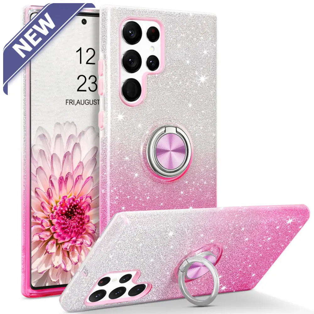 Two Tone 3Pcs Shiny Ring Case For Samsung S24 Ultra Pink/Silver. Cases
