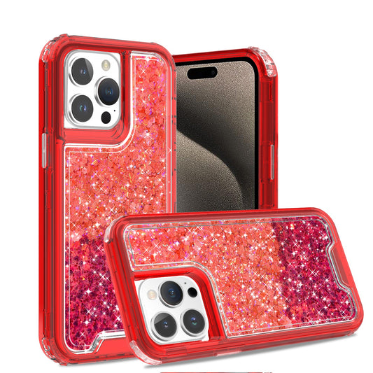 3pc clear combo case with glitter for iPhone 15 Red.