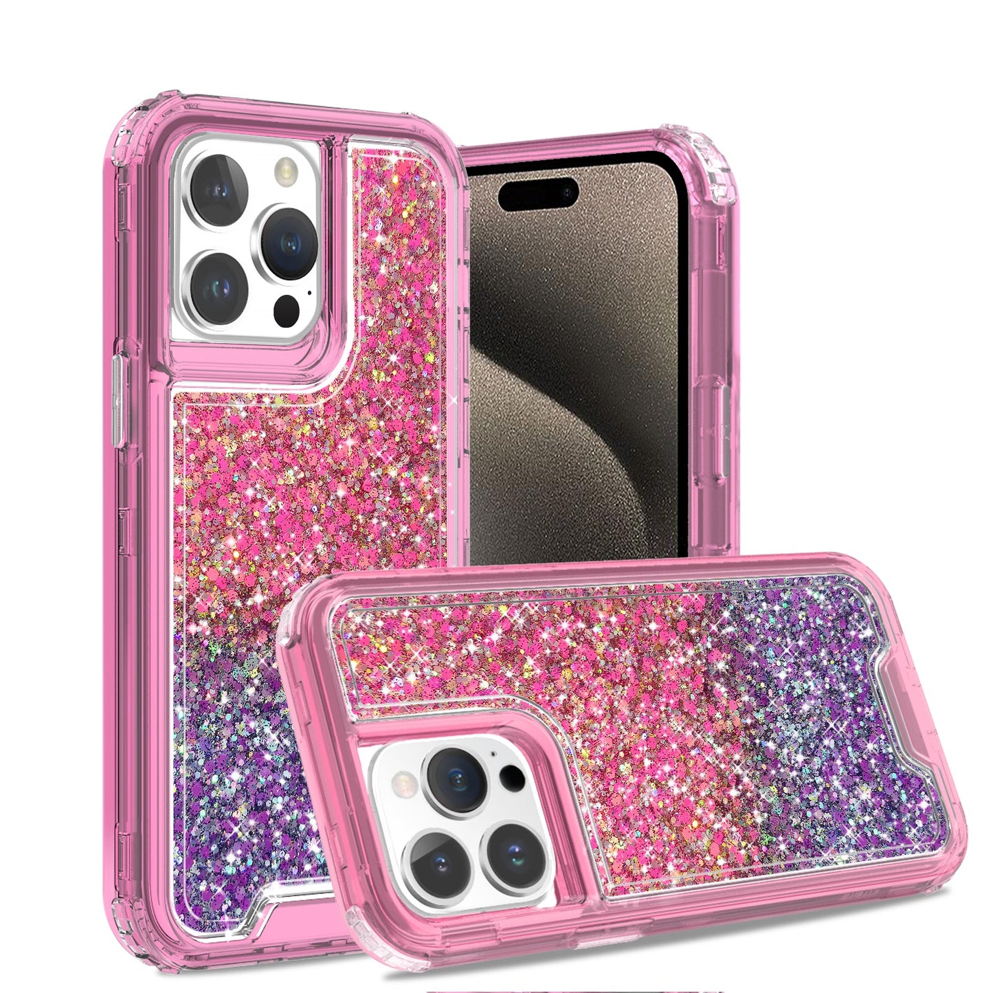 3pc clear combo case with glitter for iPhone 15 Dark Pink + Purple.