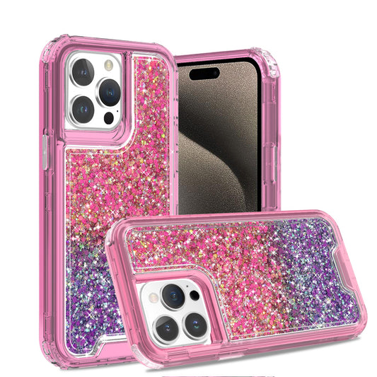 3pc clear combo case with glitter for iPhone 15 Pro Max Dark Pink + Purple.