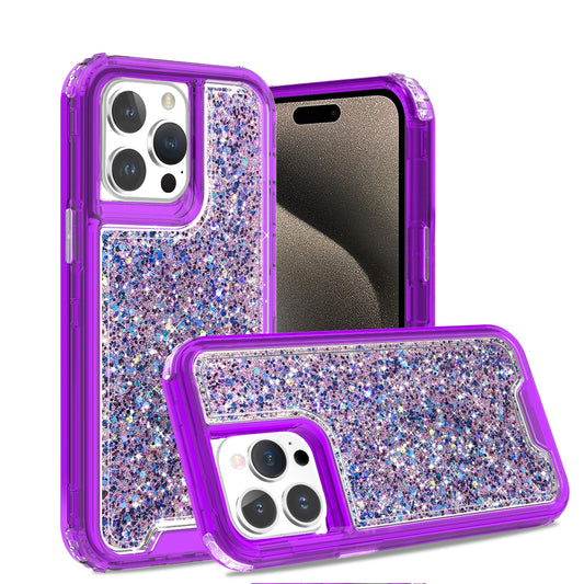 3pc clear combo case with glitter for iPhone 15 Purple.