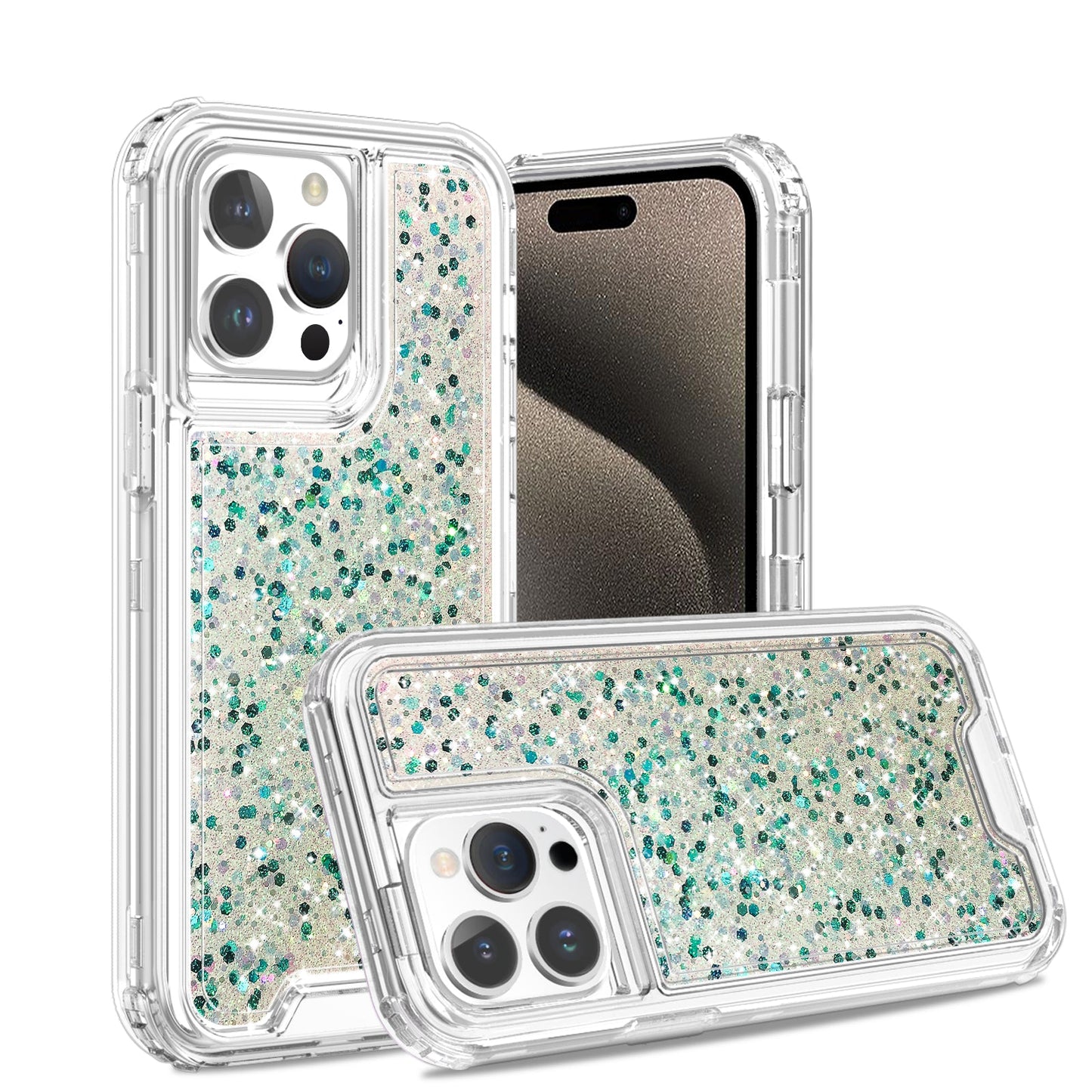 3pc clear combo case with glitter for iPhone 15 Green.