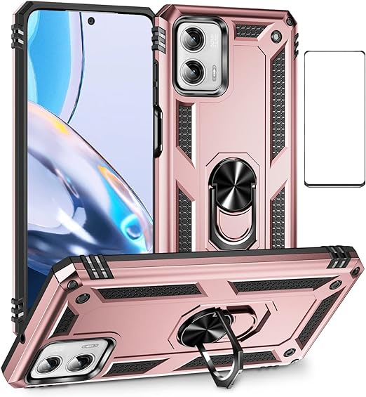 Anti-drop metal ring case for Moto G 5G (2023) Rose Gold.