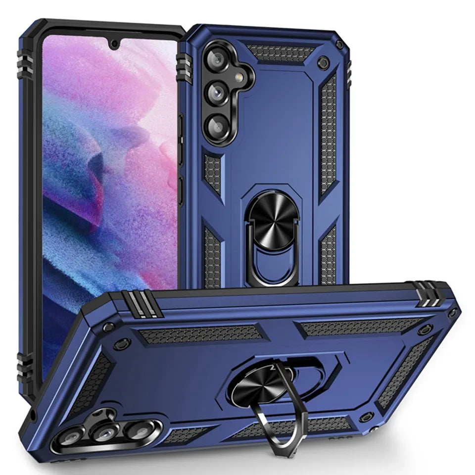 Anti-drop metal ring case for Samsung A14 Navy.