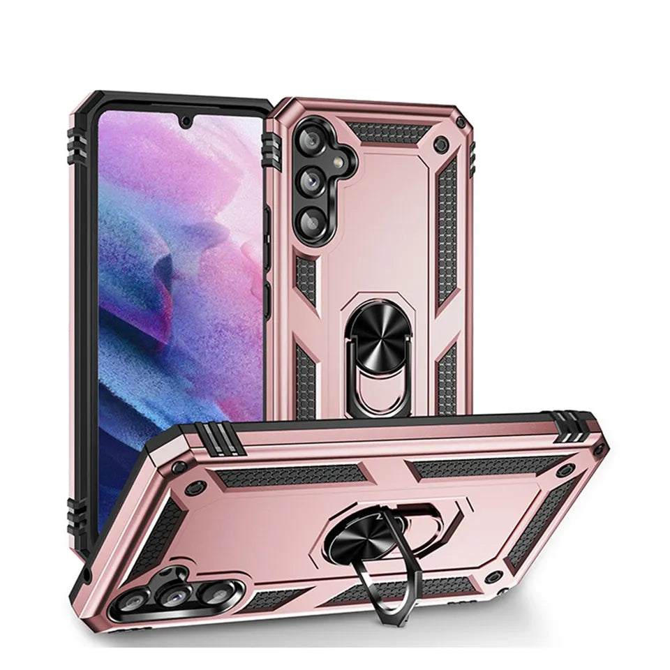 Anti-drop metal ring case for Samsung A54 Rose Gold.