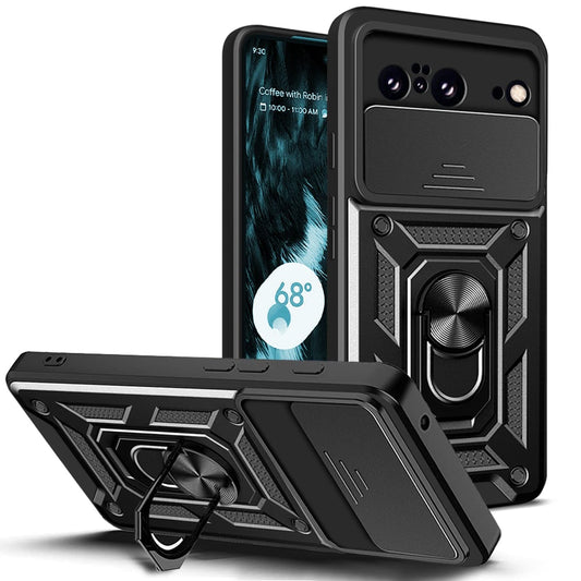 Anti-drop ring case with camera protector for Pixel 8 Black.