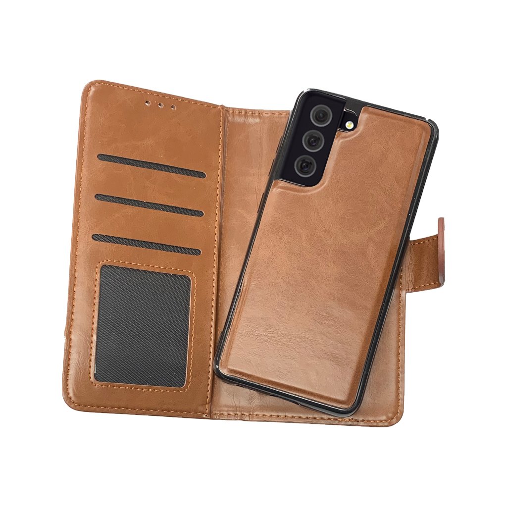 Magnetic two in one wallet for Samsung S21 FE brown.