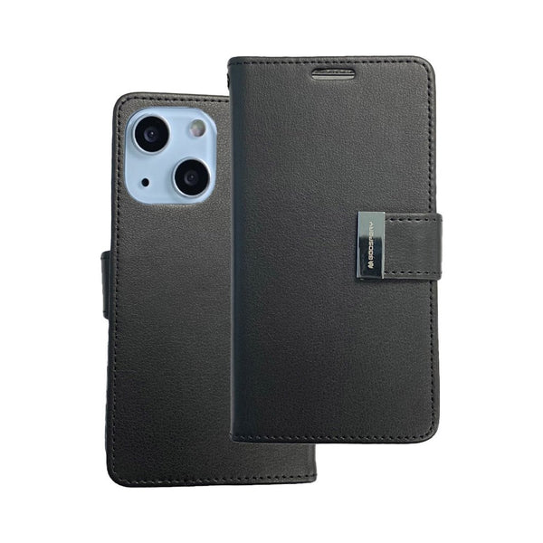 Rich diary wallet for iPhone 15 Plus Black.