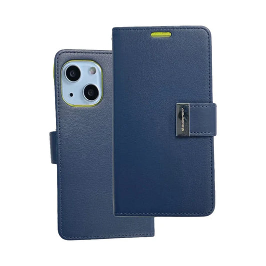 Rich diary wallet for iPhone 15 Plus Navy Blue.