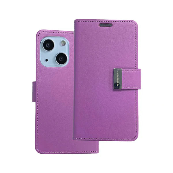 Rich diary wallet for iPhone 15 Plus Purple.