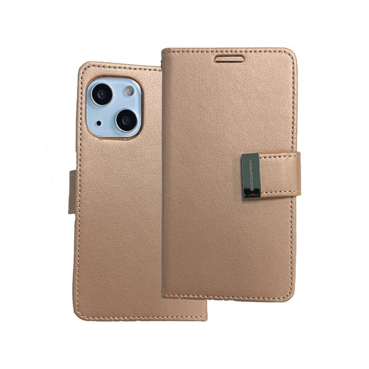 Rich diary wallet for iPhone 15 Plus Rose Gold.