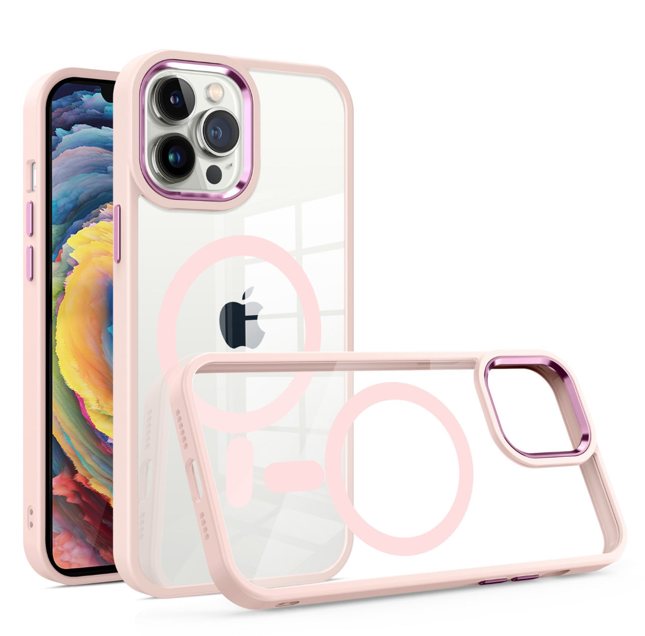 Magsafe Clear case for iPhone 15 Plus/14 Plus with Pink Border.