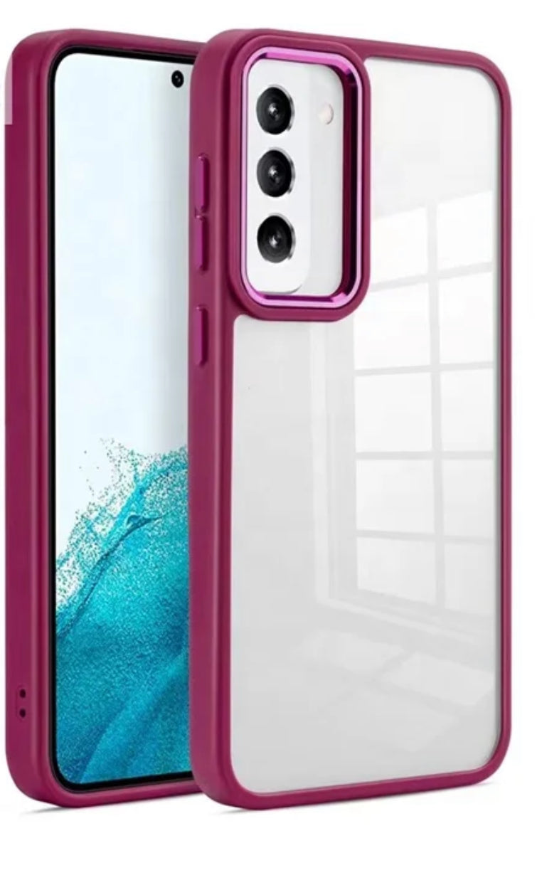 Clear back case for Samsung S20 FE with wine border.