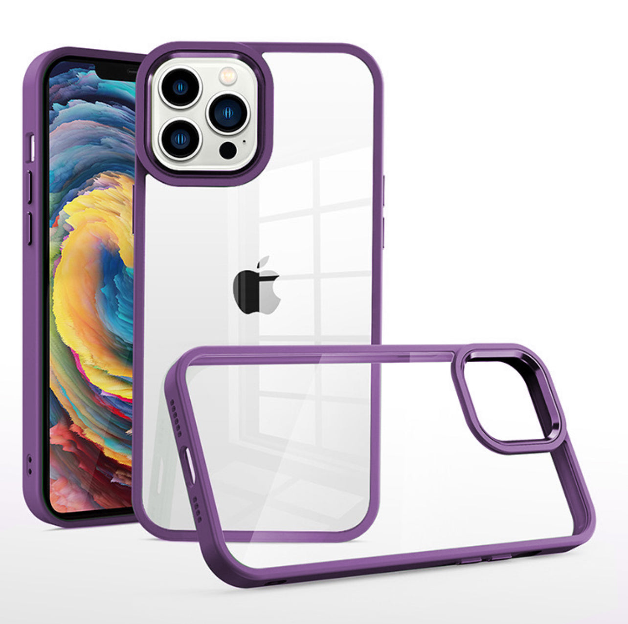 Clear back case for iPhone 15 Pro with Deep Purple Border.