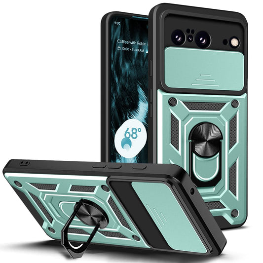 Anti-drop ring case with camera protector for Pixel 8 Green.