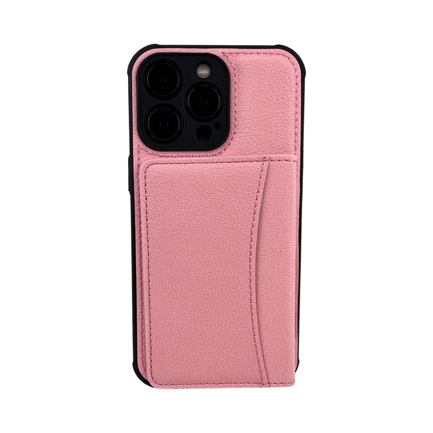 Leather card slot case for iPhone 14 Pro Rose Gold.