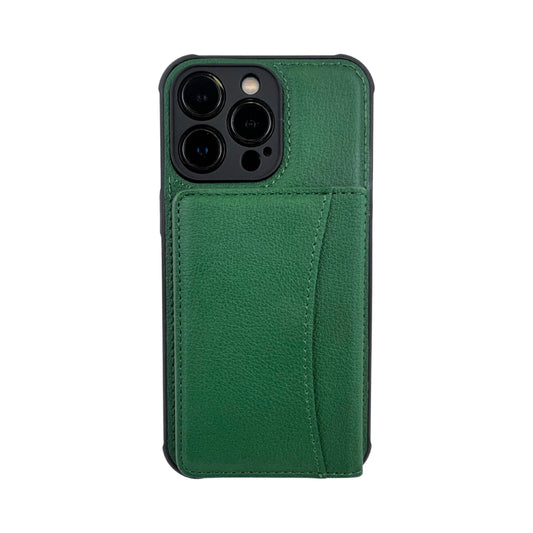 Leather card slot case for iPhone 14 Pro Max Green.