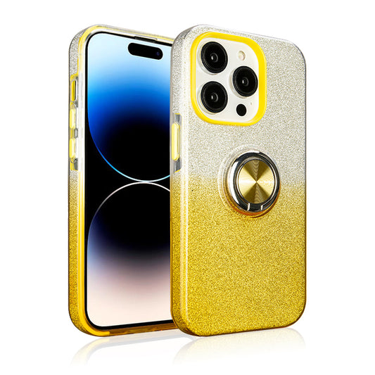 Two tone 3pcs shiny ring case for iPhone 15 Yellow/Silver.