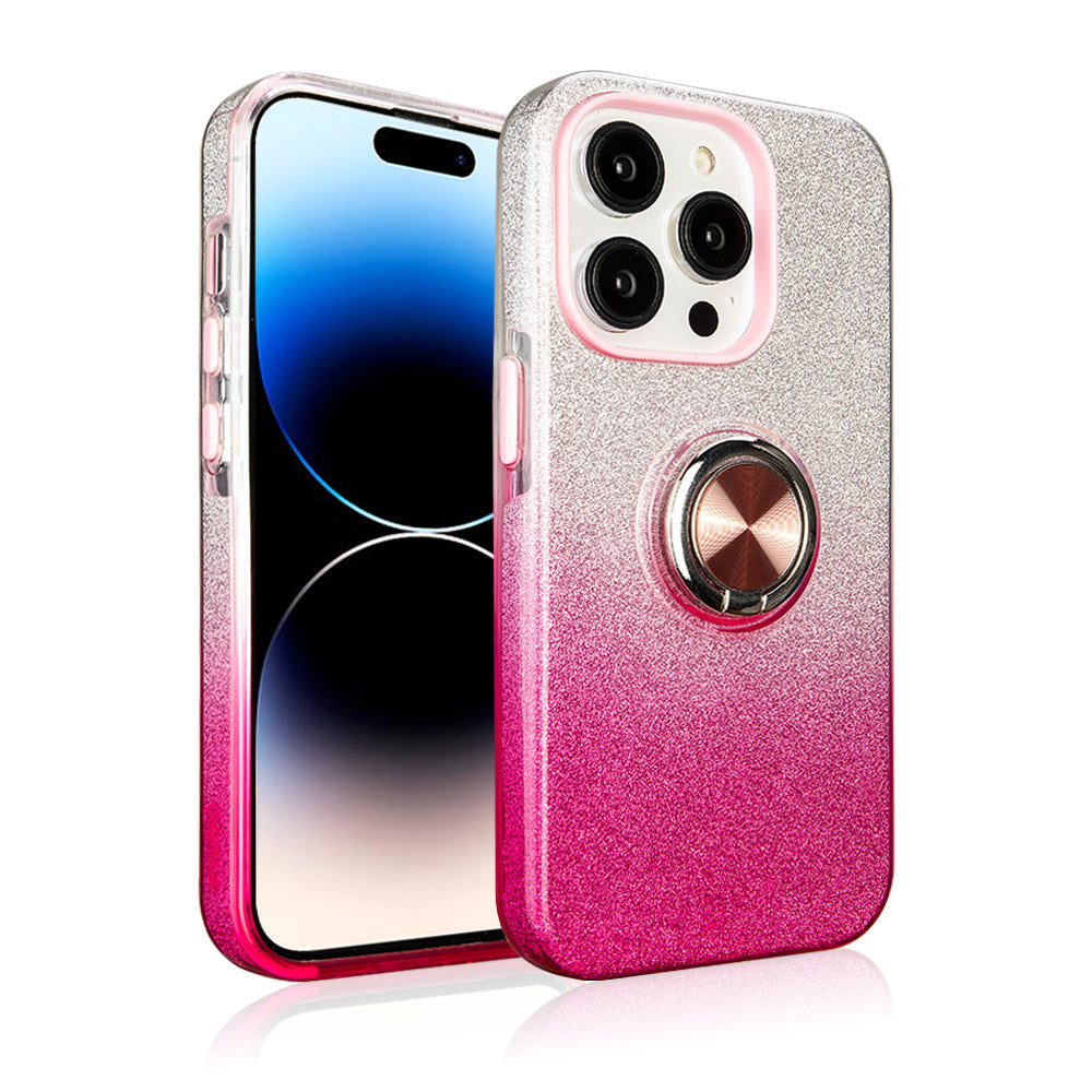 Two tone 3pcs shiny ring case for iPhone 15 Pink/Silver.