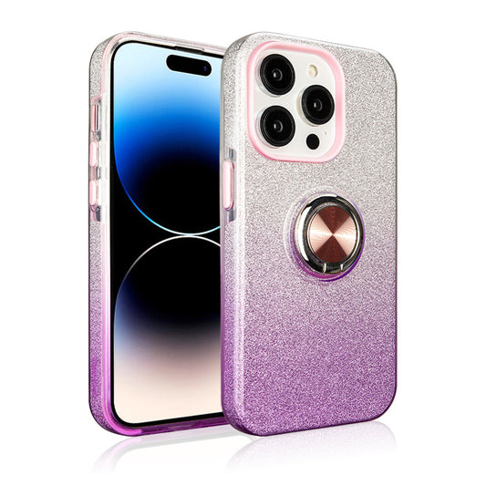 Two tone 3pcs shiny ring case for iPhone 15 Purple/Silver.