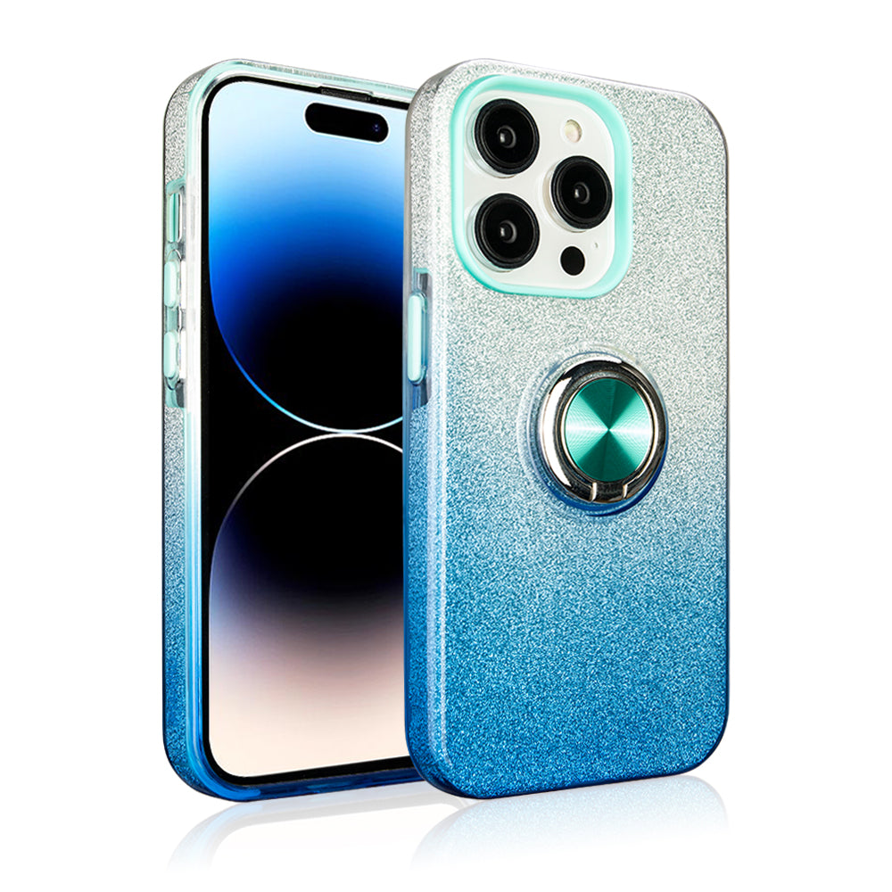 Two tone 3pcs shiny ring case for iPhone 15 Blue/Silver.