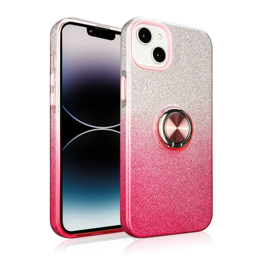 Two tone 3pcs shiny ring case for iPhone 14 Pro Red/Silver.