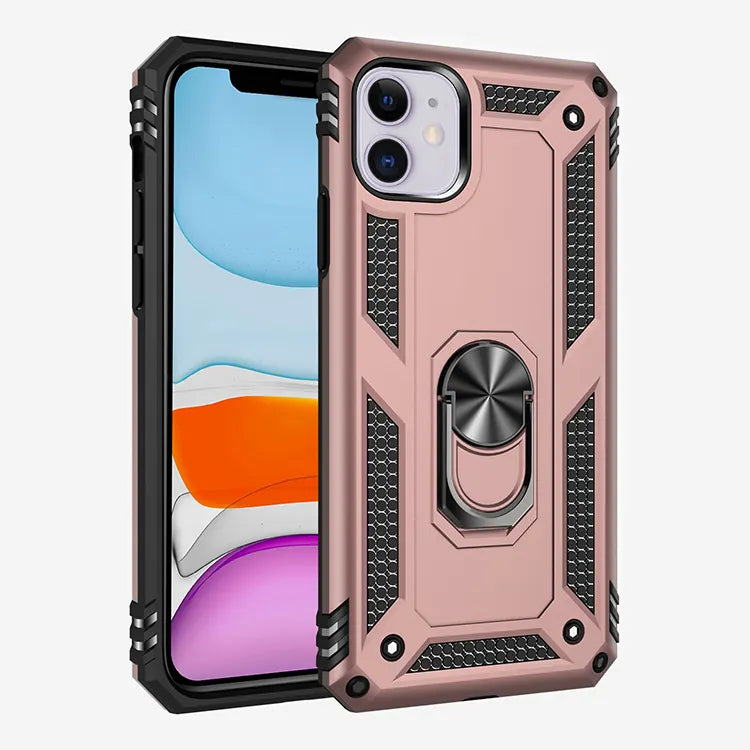 Anti drop metal ring case for iPhone 11 rose gold.