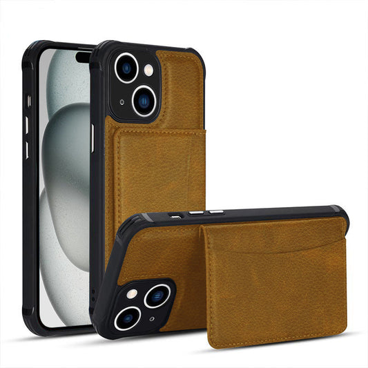 Leather card slot case for iPhone 15 Brown.