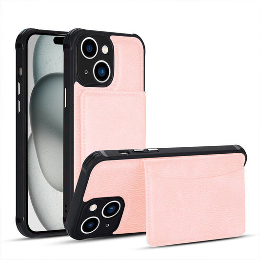 Leather card slot case for iPhone 15 Pink.