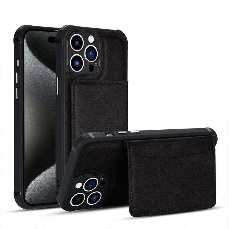 Leather card slot case for iPhone 15 Pro Max Black.