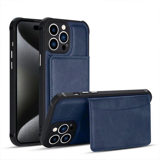 Leather card slot case for iPhone 15 Pro Max Navy Blue.