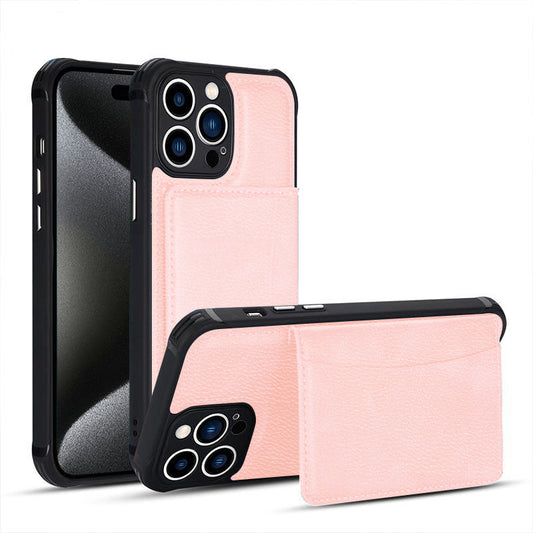 Leather card slot case for iPhone 15 Pro Max Pink.