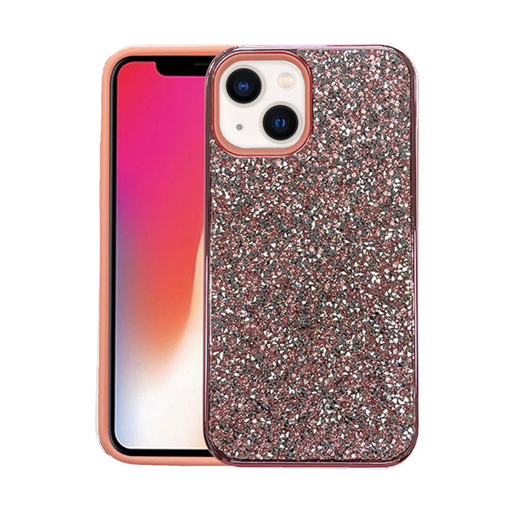 Designer hard glitter case for iPhone 15 Rose Gold.