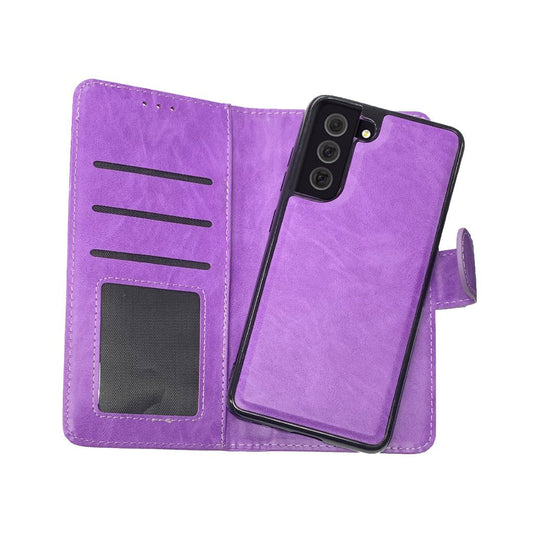 Magnetic two in one wallet for Samsung S21 FE purple.