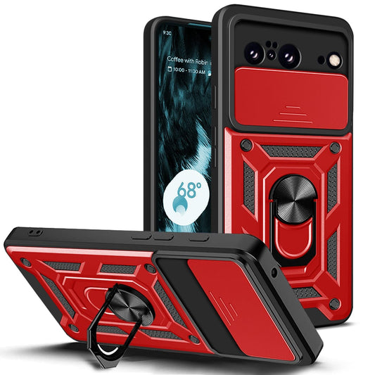 Anti-drop ring case with camera protector for Pixel 8 Pro Red.