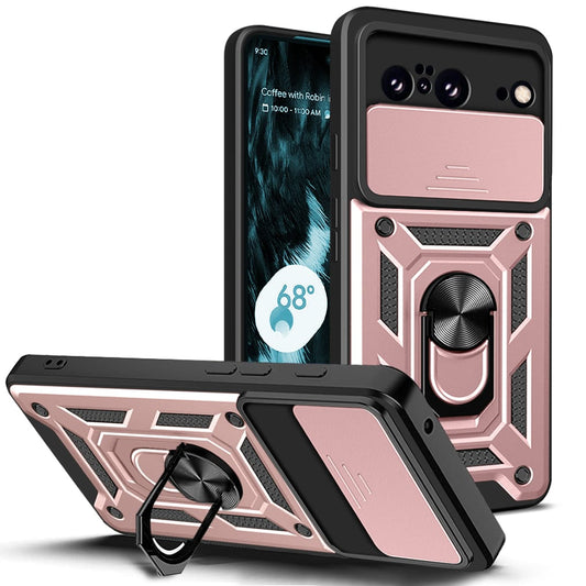 Anti-drop ring case with camera protector for Pixel 8 Pro Rose Gold.