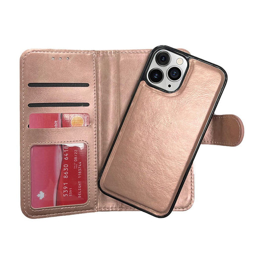 Magnetic two in one wallet for iPhone 15 Pro Max Rose Gold.