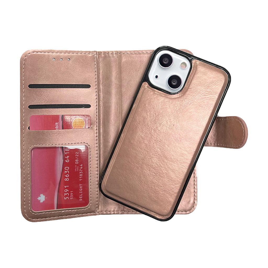 Magnetic two in one wallet for iPhone 15 Rose Gold.