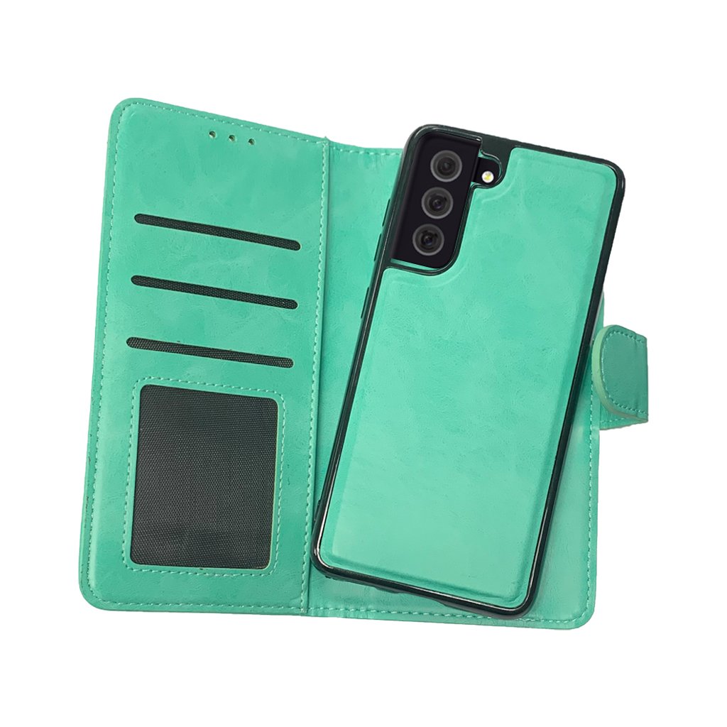 Magnetic two in one wallet for Samsung S21 FE teal.