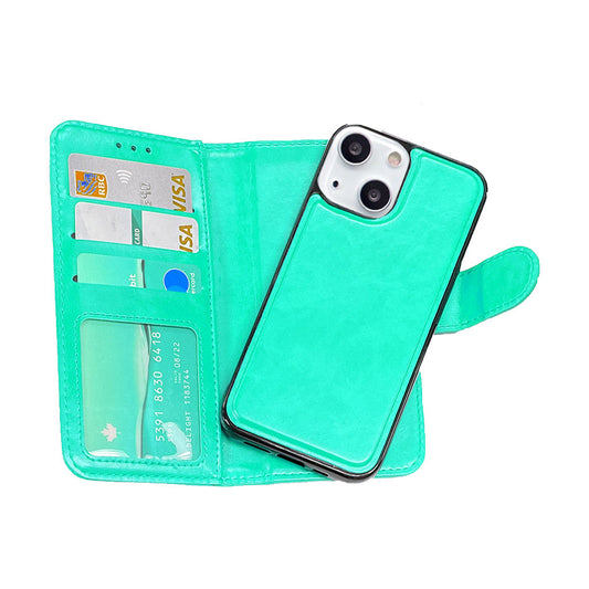 Magnetic two in one wallet for iPhone 15 Plus Teal.