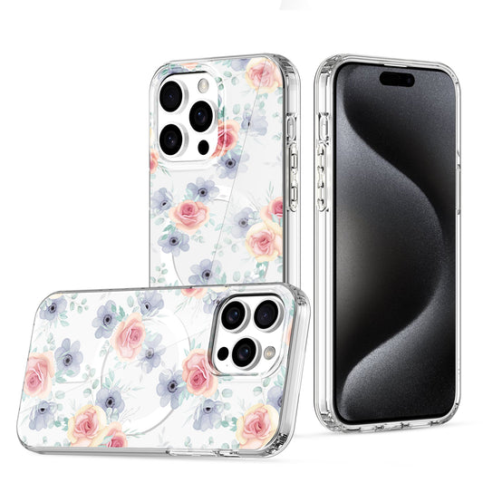 IMD Magsafe Light Blue flowers printed case for iPhone 15 Pro Max.