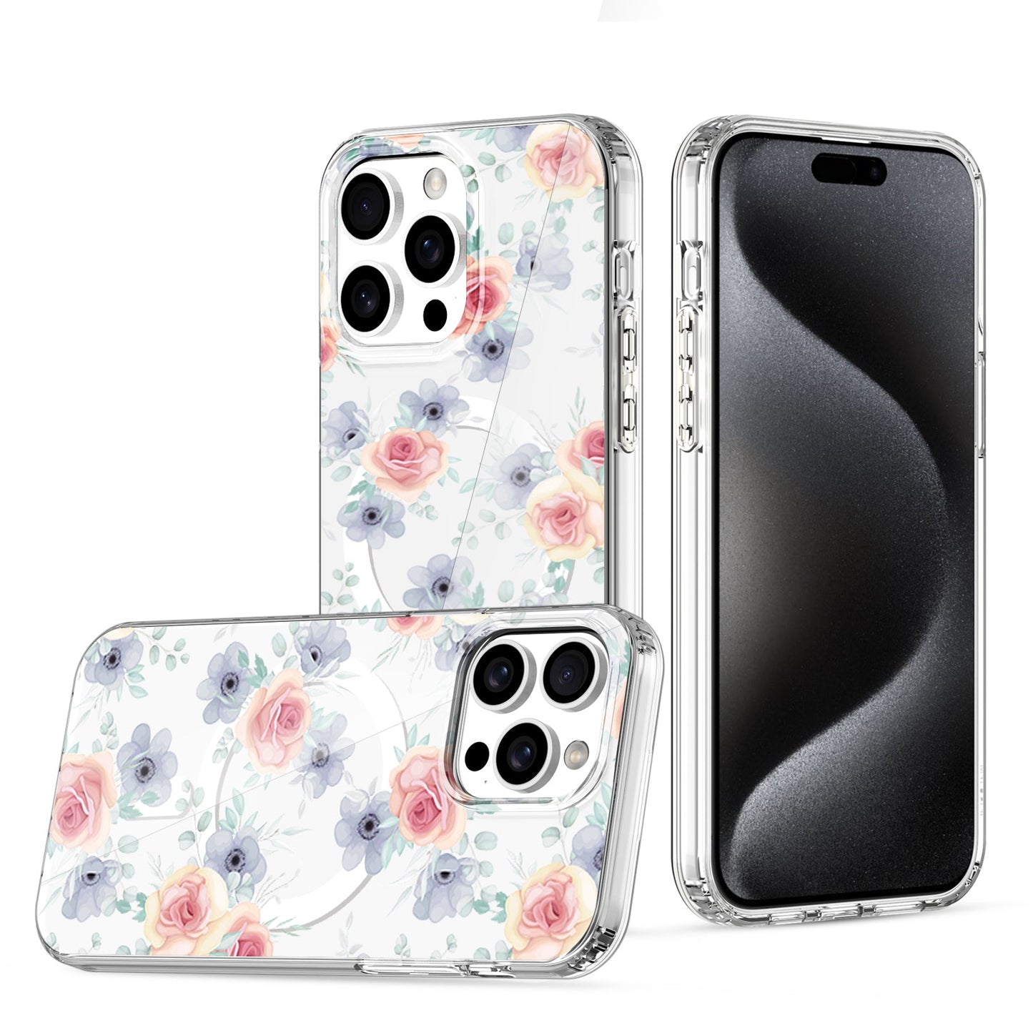 IMD Magsafe Light Blue flowers printed case for iPhone 15 Pro.