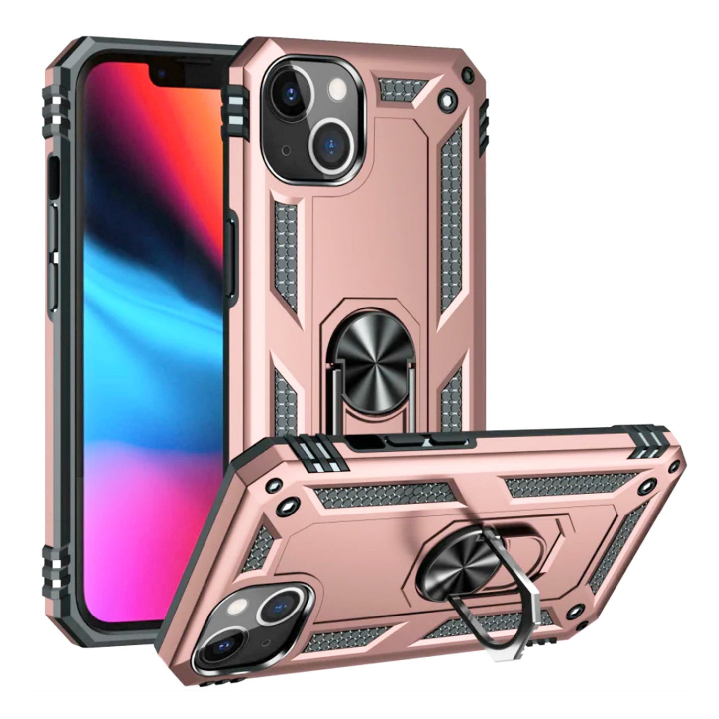 Anti-drop ring case for iPhone 15 Plus Rose Gold.