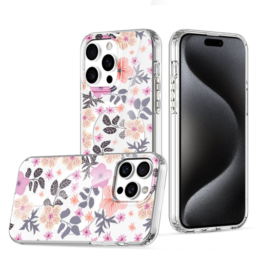 IMD Magsafe Pink flowers printed case for iPhone 15 Pro Max.